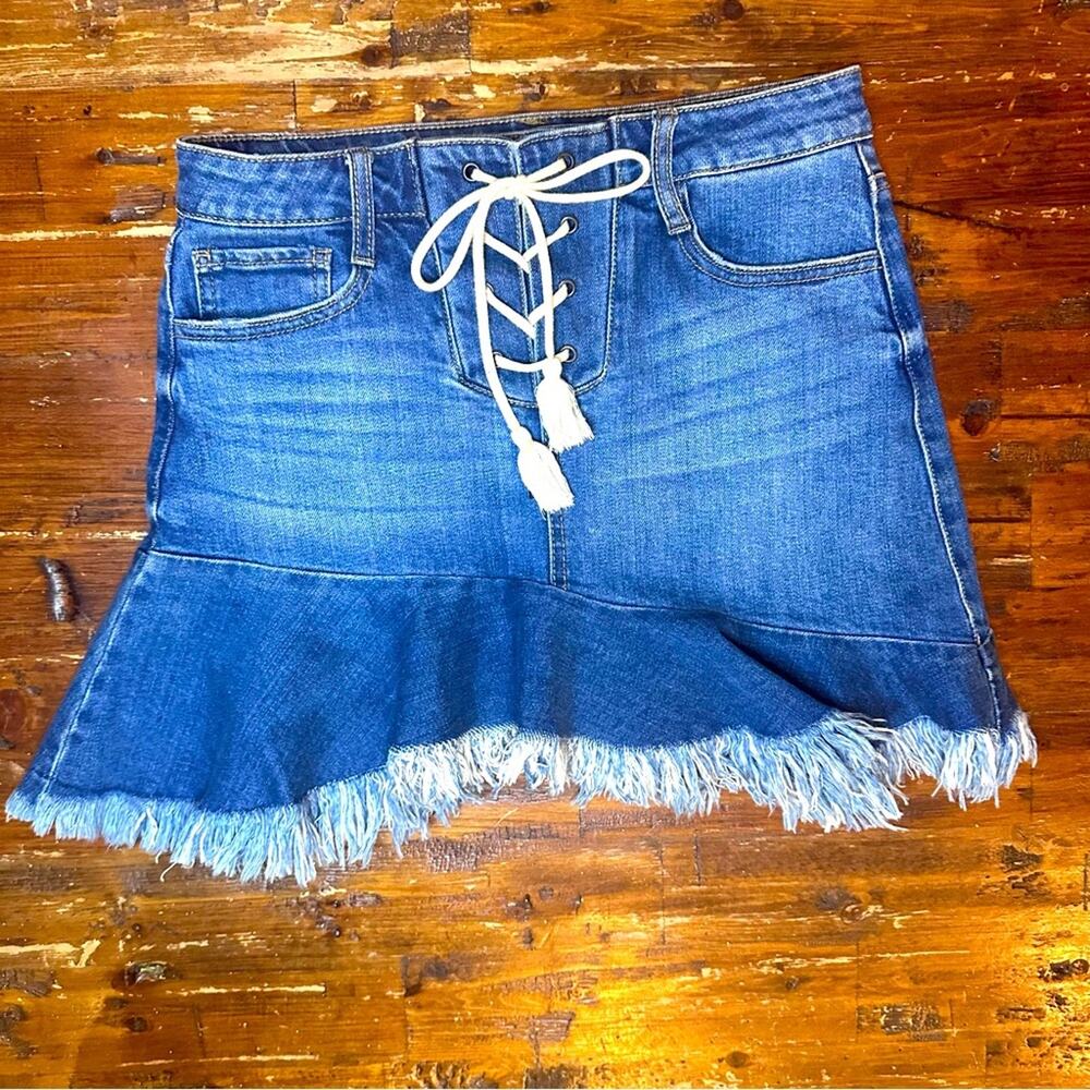 5/$25 Vintage Y2K Blue Denim Cord Tie Ruffle Frayed Mini Skirt Size 3